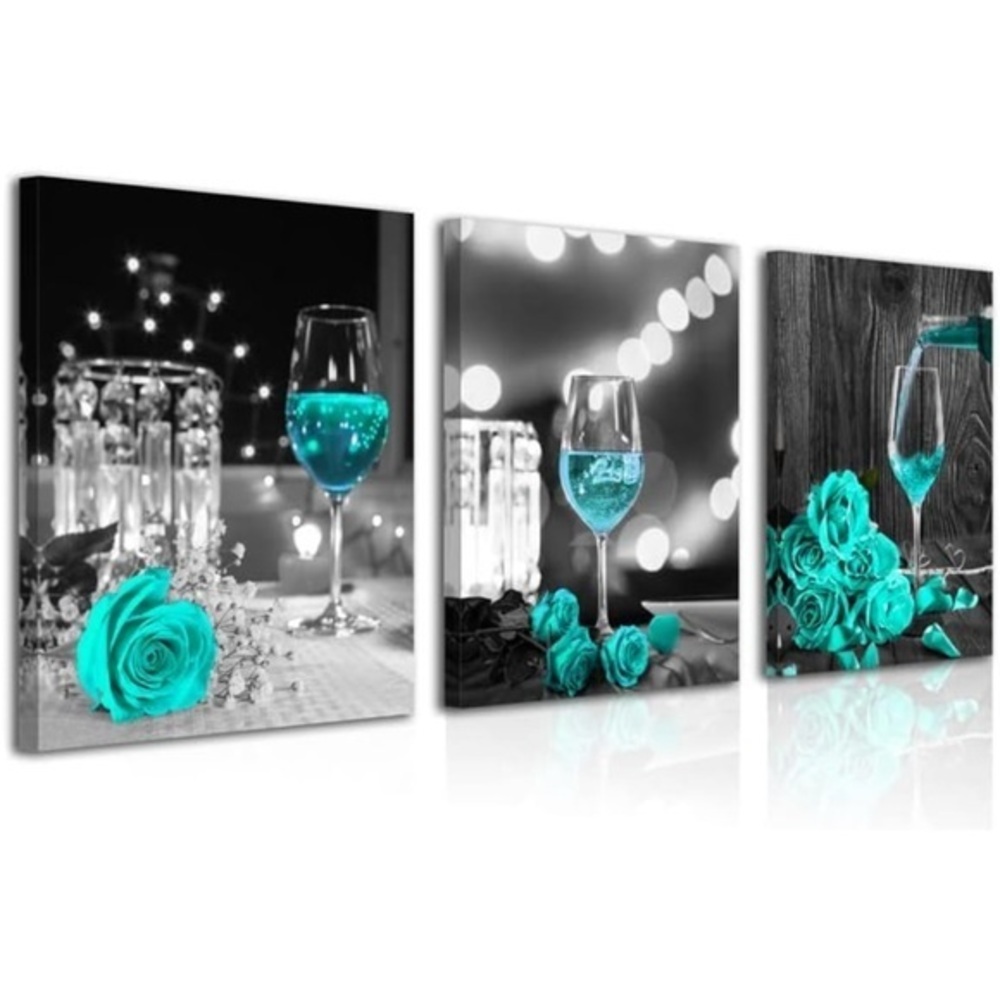 3-Piece Turquoise Canvas Wall Art – Wine Glass & Rose Decor